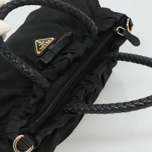 PRADA ribbon Hand Bag Nylon Leather 2way Black Gold Auth ki5666 - Picture 7 of 16